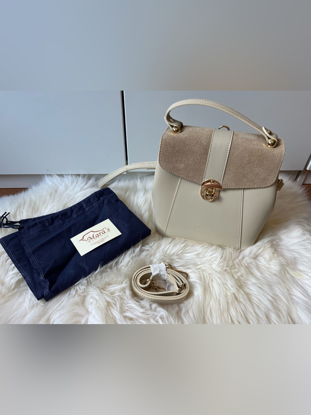 Mara’s Handmade Leather Taormina Cream Gold 3-in-1 Handbag Backpack Shoulder
